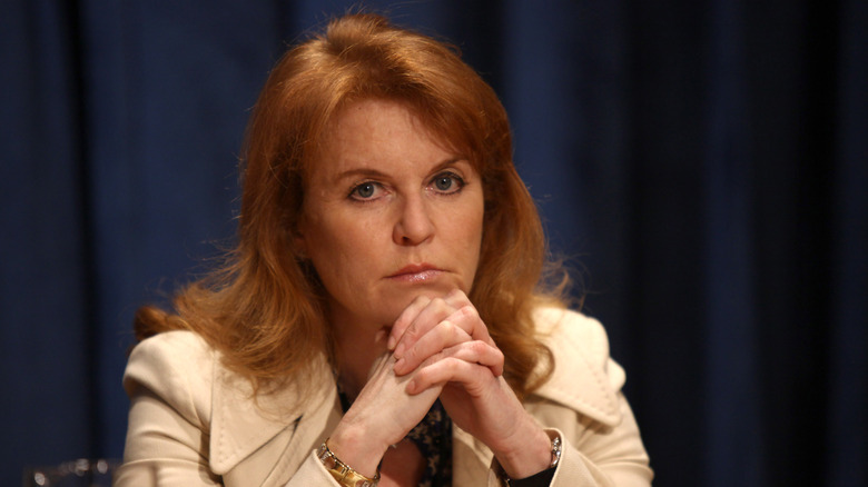 Closeup of Sarah Ferguson leaning on her elbows in 2010