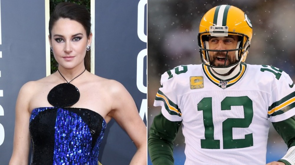Shailene Woodley on the red carpet and Aaron Rodgers playing football in split image