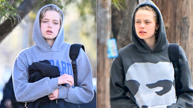 Split image of Shiloh Jolie wearing two different hoodies.
