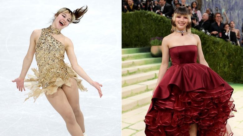 Split image of Alysa Liu ice-skating and posing at the Met Gala.
