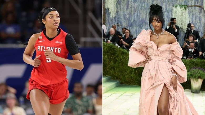 Split image of Angel Reese running and posing on the red carpet.