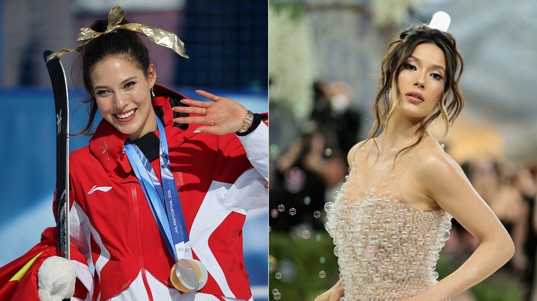 Split image of Eileen Gu waving and posing at the Met Gala.