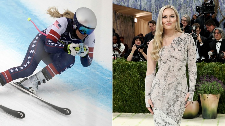 Split image of Lindsay Vonn skiing and posing on the carpet.