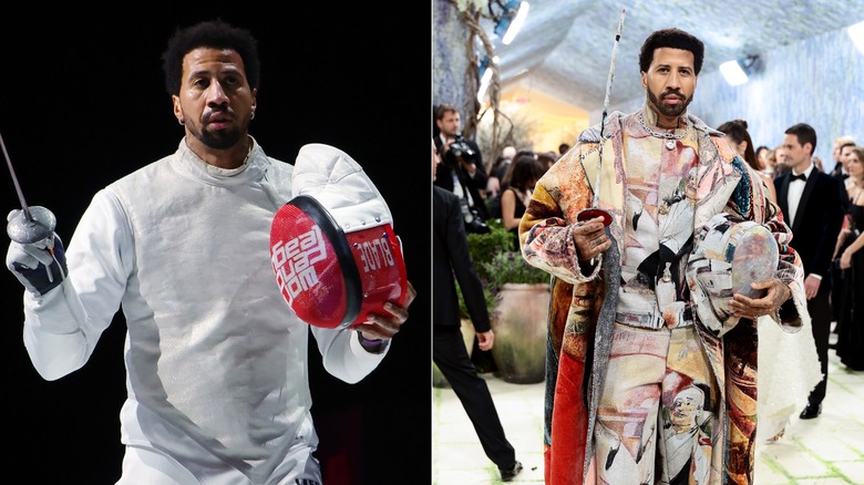 Miles Chamley-Watson in fencing uniform and at the Met Gala