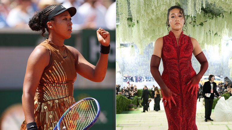 Split image of Naomi Osaka holding a racket, posing at the Met Gala.