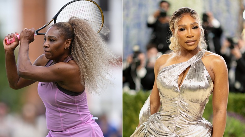 Split image of Serena Williams on the court versus the red carpet.