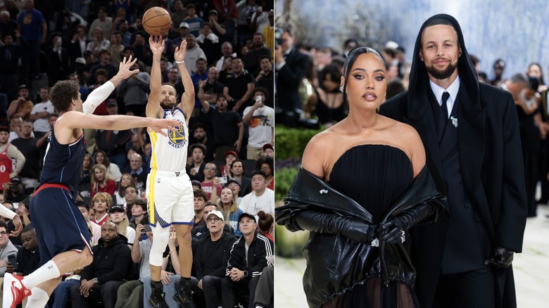 Split image of Stephen Curry shooting a ball, posing with wife at Met Gala.