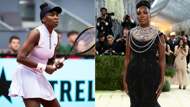 Split image of Venus Williams holding a racket, glammed up at Met Gala.
