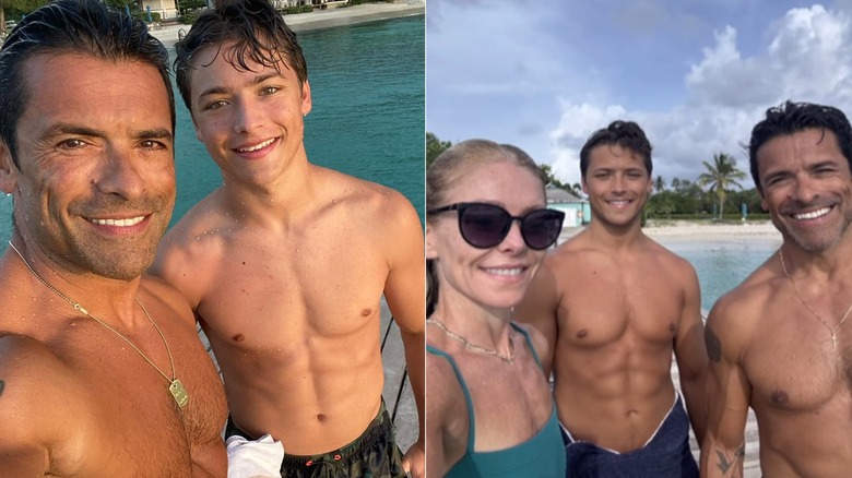 Split images of Mark Consuelos and Joaquin Consuelos posing together shirtless outside.
