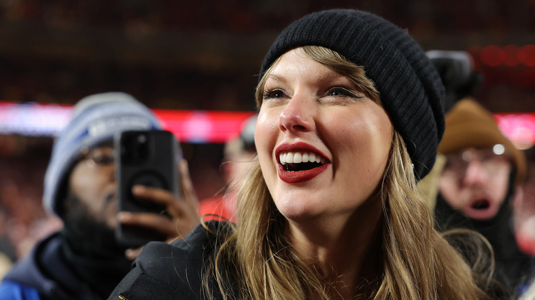 Taylor Swift reacts after the Kansas City Chiefs defeated the Buffalo Bills 32 in the AFC Championship Game at GEHA Field at Arrowhead Stadium on January 26, 2025.
