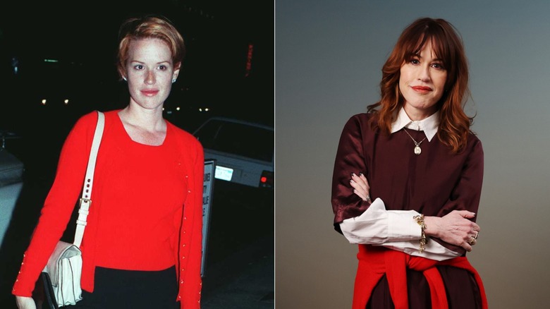 Molly Ringwald outside in a red sweater, Molly Ringwald posing in a dark red top for a portrait