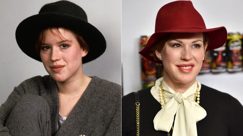 Young Molly Ringwald posing in black hat and sweater, Molly Ringwald smiling in red hat