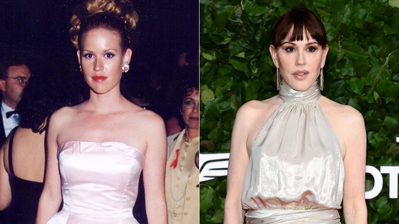 Young Molly Ringwald in strapless pink dress, Molly Ringwald posing in front of leaves in silver dress