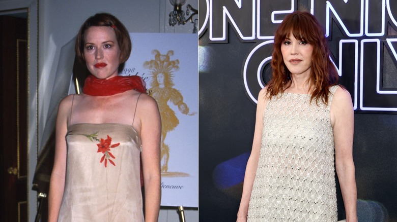 Young Molly Ringwald posing in tan dress and red scarf, older Molly Ringwald in silver dress at event