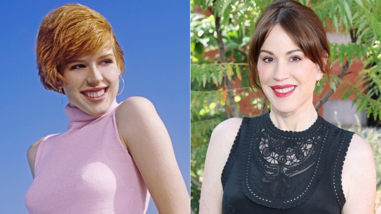 Young Molly Ringwald smiling in pink top, Molly Ringwald smiling in black dress in front of plants