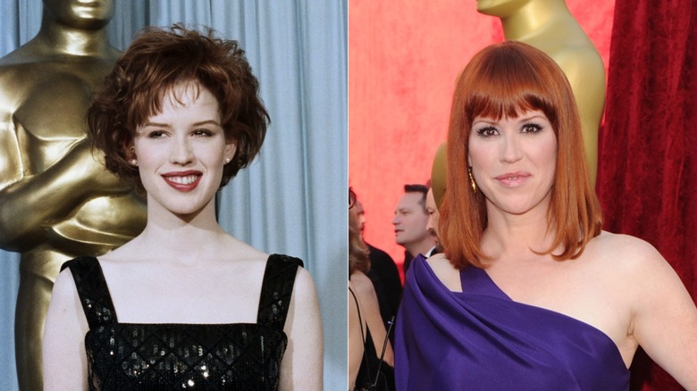Young Molly Ringwald smiling in front of Oscars statue, older Molly Ringwald posing at Oscars