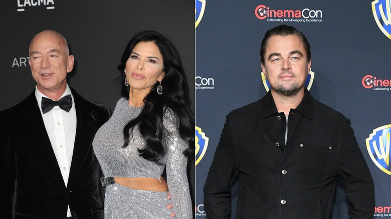 A split image of Jeff Bezos' hands wrapped around Lauren Sánchez's waist and Leonardo DiCaprio gazing away from the camera.