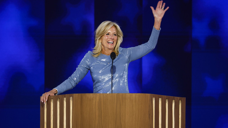 Jill Biden speaking on stage at the 2024 DNC.