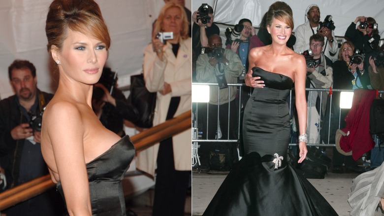 Melania Trump wearing a strapless black mermaid gown at the Met Gala.