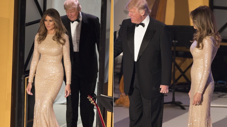 Melania Trump wearing a gold sequin gown and Donald Trump wearing a tux at a 2017 inaugural ball.