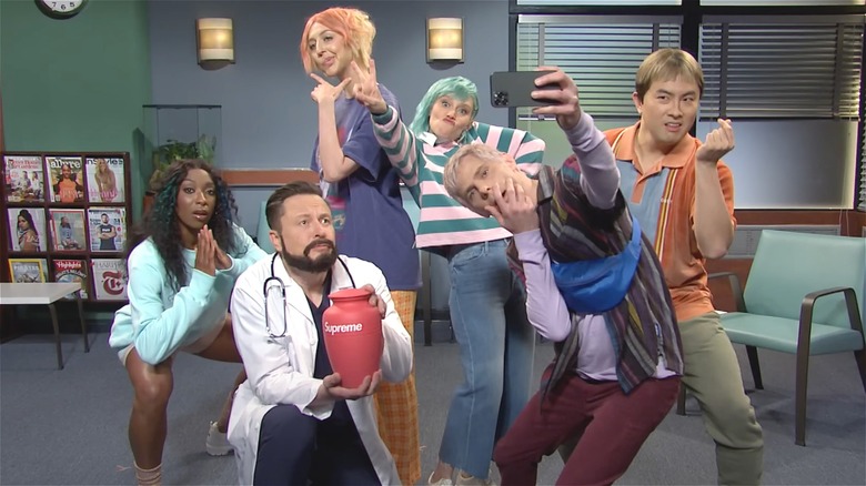 Elon Musk and SNL cast members in Gen Z Hospital sketch