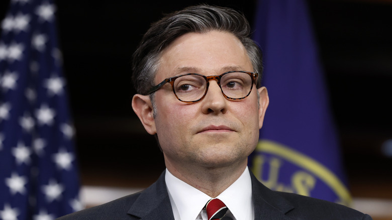 Speaker of the House Mike Johnson (R-LA) talking to reporters during a news conference at the U.S. Capitol Visitors Center