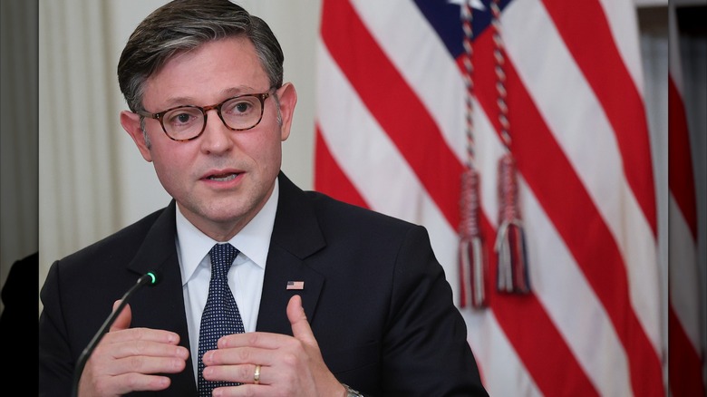 Speaker of the House Mike Johnson (R-LA) delivering remarks at the Invest America Roundtable hosted by President Donald Trump in the State Dinning room