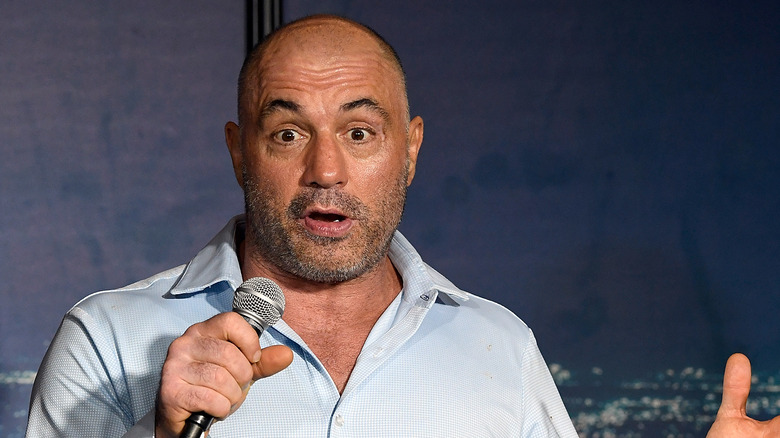Joe Rogan speaks into a microphone
