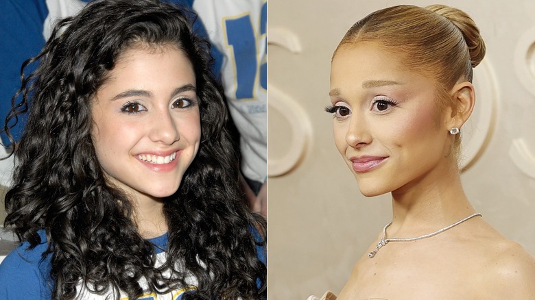 Ariana Grande with brown curly hair; Ariana Grande with slicked-back blonde hair and eyebrows