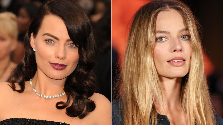 Margot Robbie with dark brown waves; Margot Robbie with straight blond hair