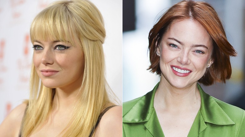 Emma Stone with blond hair, bangs, and dark eyeliner; Emma Stone smiling with red hair