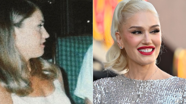 Young Gwen Stefani with natural dark blond hair; adult Gwen Stefani with platinum blond hair
