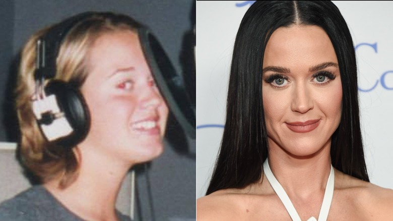 A young brownish blond-haired Katy Perry smiling; adult Katy Perry with dark hair on the red carpet