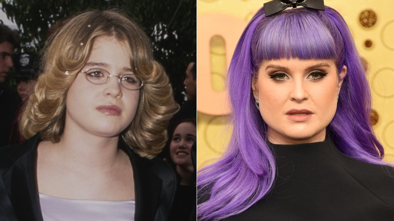 Kelly Osbourne with blond hair and glasses; Kelly Osbourne with bright lavender hair
