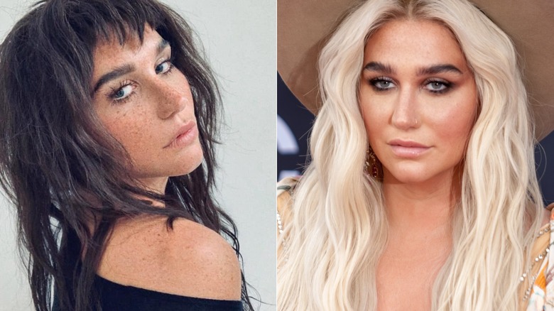 Brunette Kesha with freckles and bangs; Kesha with dark eye makeup and blond hair