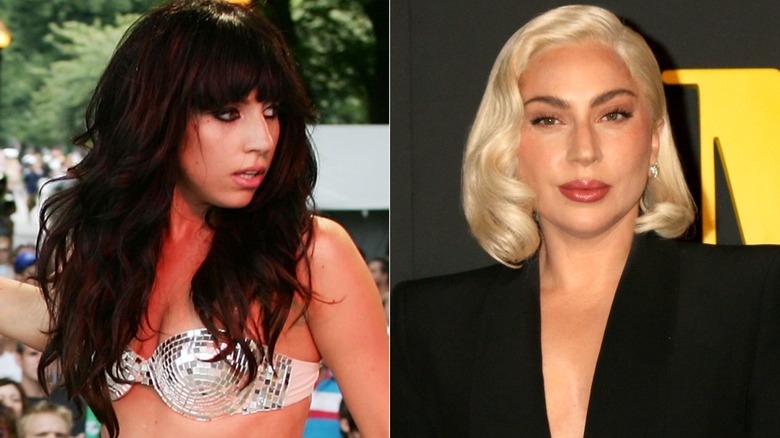 Lady Gaga with brown hair; Lady Gaga with blond hair