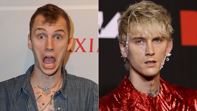 Machine Gun Kelly with brown hair and mouth wide open; Machine Gun Kelly with styled blond hair and pearls on face