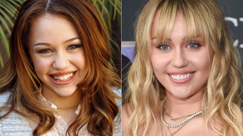 Young Miley Cyrus smiling with brown hair; older Miley Cyrus with blond hair and bangs