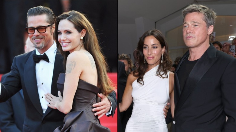 Split image of Brad Pitt and Angelina Jolie to the left, and Ines de Ramone and Brad Pitt to the right