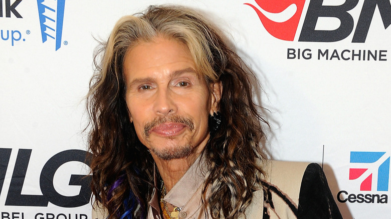 Steven Tyler with white streaks in hair and a cow print blazer