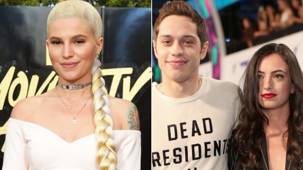 Carly Aquilino smirking (left), Pete Davidson and Cazzie David at the MTV VMAs