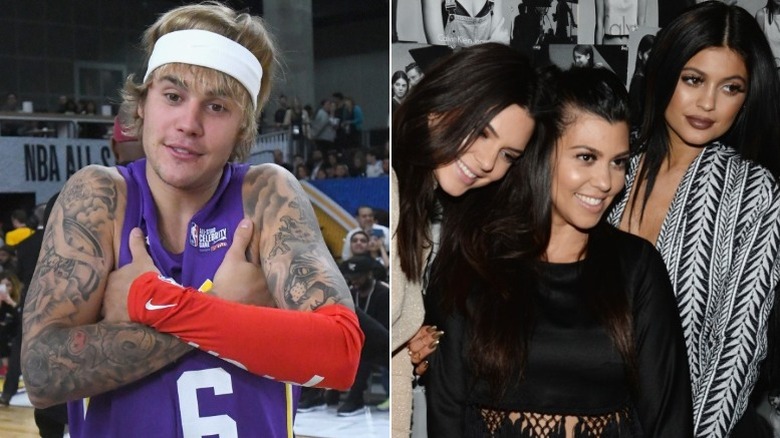 Justin Bieber posing on basketball court, Kendall Jenner, Kourtney Kardashian, and Kylie Jenner posing together