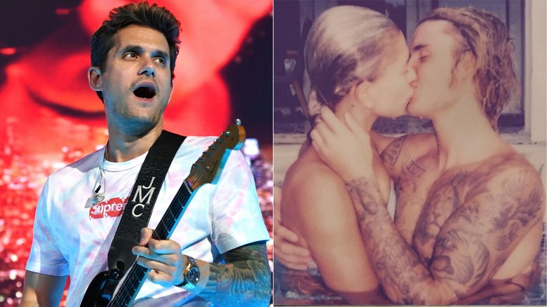 John Mayer playing guitar, Hailey and Justin Bieber kissing