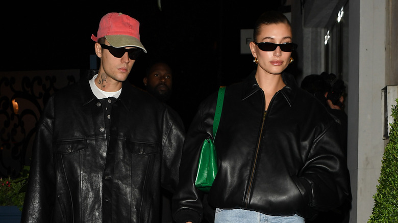 Hailey and Justin Bieber wearing matching leather jackets
