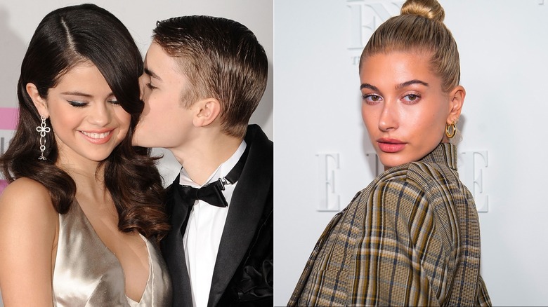 Justin Bieber kissing Selena Gomez's cheek, Hailey Bieber posing
