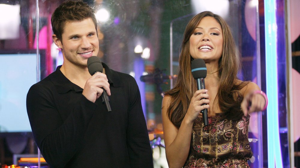 Nick Lachey and Vanessa Minnillo during Spankin' New Music Week on MTV's Total Request Live in 2003