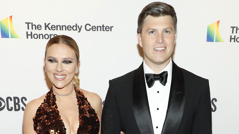 Scarlett Johansson and Colin Jost posing