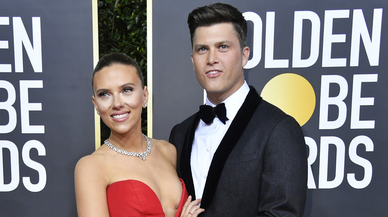 Scarlett Johansson and Colin Jost posing