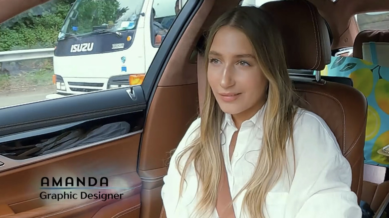 Amanda Batula in car rocking a center part and light blonde hair