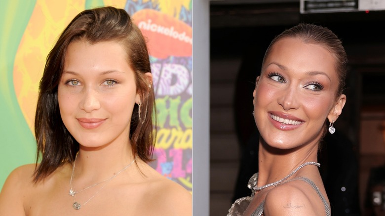 A split photo of Bella Hadid in 2014 and 2025
